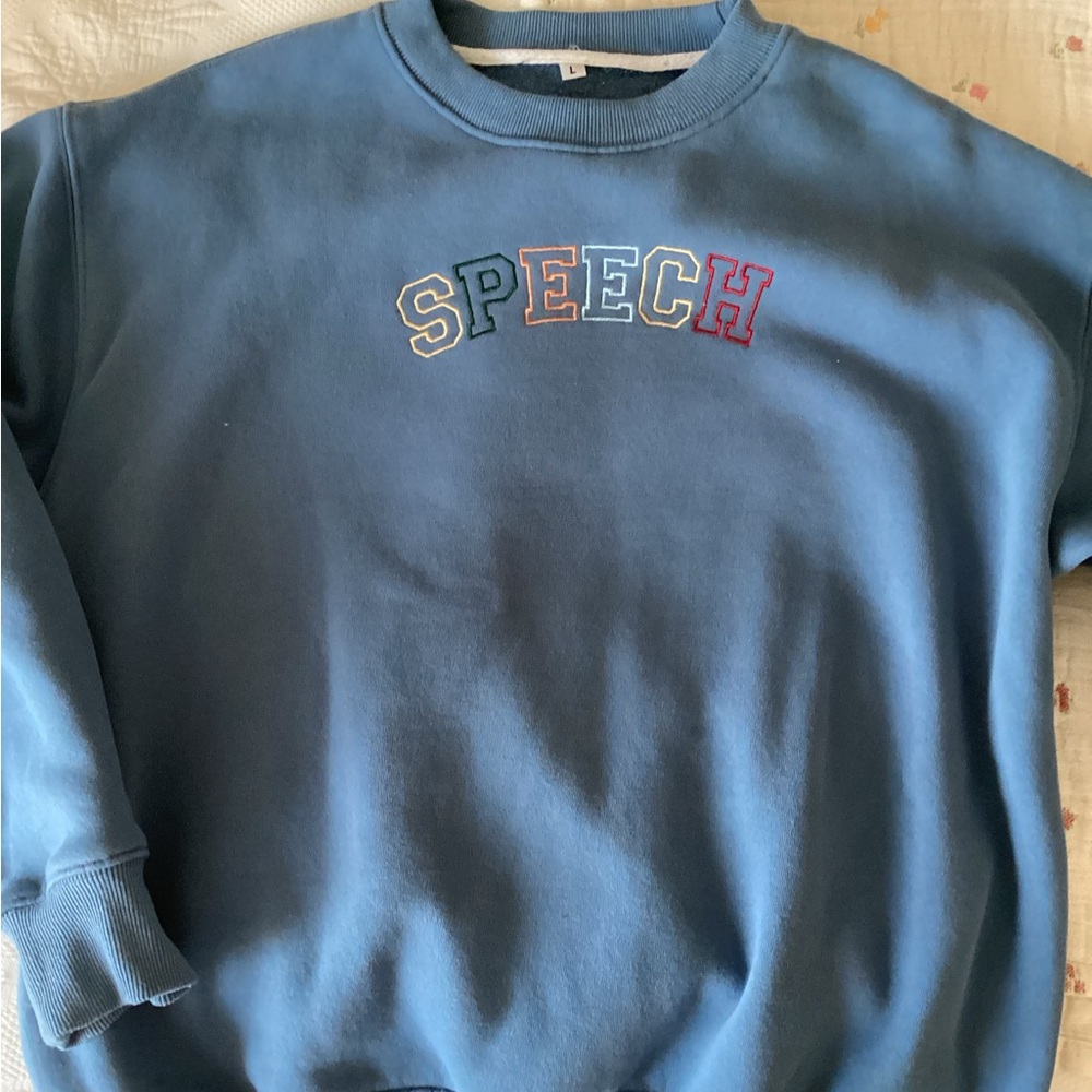 Blue 'SPEECH' Embroidered Crewneck Sweater - Women